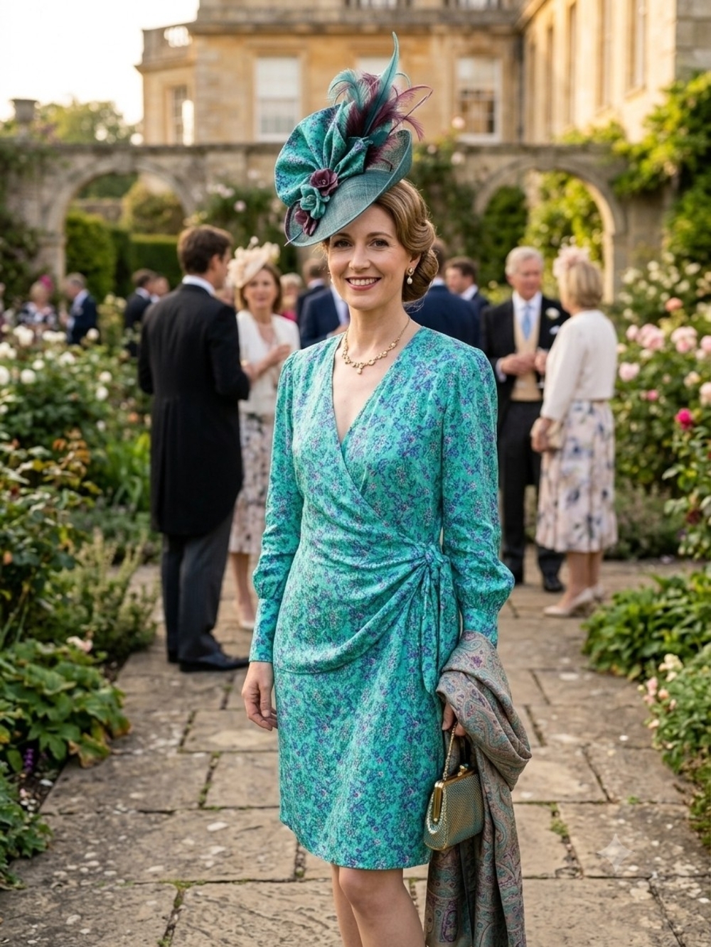 Vintage 80s Maggy London Jeannene Booher Silk Teal Floral Faux Wrap Dress Size12